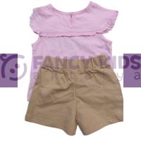 Kız Çocuk İkili Takım Baskılı Pembe T-Shirt Bej Şortlu