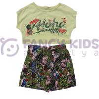 Kız Çocuk İkili Takım Baskılı T-Shirt Desenli Etek-Şort