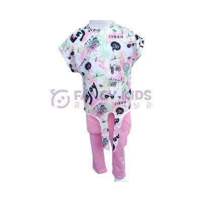 Kız Çocuk İkili Takım Belden Bağlamalı Önü Baskılı Arkası Düz Renk T-Shirt - Baskısız Tek Renk Pembe Tayt