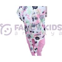 Kız Çocuk İkili Takım Belden Bağlamalı Önü Baskılı Arkası Düz Renk T-Shirt - Baskısız Tek Renk Pembe Tayt