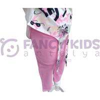 Kız Çocuk İkili Takım Belden Bağlamalı Önü Baskılı Arkası Düz Renk T-Shirt - Baskısız Tek Renk Pembe Tayt