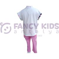 Kız Çocuk İkili Takım Belden Bağlamalı Önü Baskılı Arkası Düz Renk T-Shirt - Baskısız Tek Renk Pembe Tayt