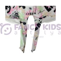 Kız Çocuk İkili Takım Belden Bağlamalı Önü Baskılı Arkası Düz Renk T-Shirt - Baskısız Tek Renk Pembe Tayt