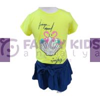 Kız Çocuk İkili Takım Pullu Baskılı Neon Yeşil T-Shirt Mavi Şortlu