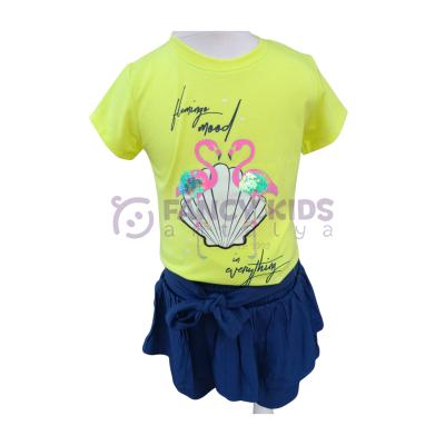 Kız Çocuk İkili Takım Pullu Baskılı Neon Yeşil T-Shirt Mavi Şortlu