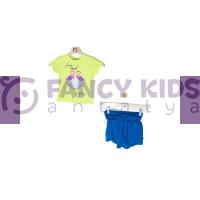Kız Çocuk İkili Takım Pullu Baskılı Neon Yeşil T-Shirt Mavi Şortlu