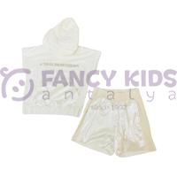 Kız Çocuk İkili Takım Vizon Kapüşonlu Sweat - Shirt Parlak Şort