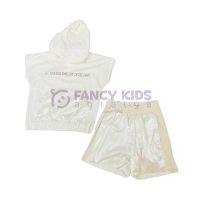 Kız Çocuk İkili Takım Vizon Kapüşonlu Sweat - Shirt Parlak Şort