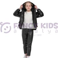 Kız Çocuk Kapüşonlu Deri Ceket ve Tayt İkili Takım – Pelüş Astarlı Mont & Esnek Dar Paça Pantolon