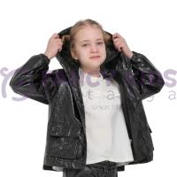 Kız Çocuk Kapüşonlu Deri Ceket ve Tayt İkili Takım – Pelüş Astarlı Mont & Esnek Dar Paça Pantolon