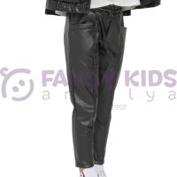 Kız Çocuk Kapüşonlu Deri Ceket ve Tayt İkili Takım – Pelüş Astarlı Mont & Esnek Dar Paça Pantolon