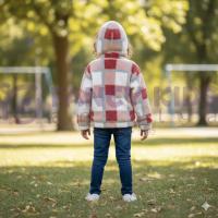 Kız Çocuk Kapüşonlu Ekose Desenli Pelüş Hırka – Fermuarlı, Cepli, Yumuşak Doku