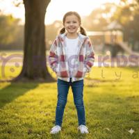 Kız Çocuk Kapüşonlu Ekose Desenli Pelüş Hırka – Fermuarlı, Cepli, Yumuşak Doku