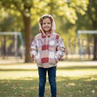 Kız Çocuk Kapüşonlu Ekose Desenli Pelüş Hırka – Fermuarlı, Cepli, Yumuşak Doku