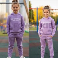 Kız Çocuk Kapüşonlu Eşofman Takımı Lila – Baskılı, %100 Pamuk, Kanguru Cepli, Günlük Spor Takım