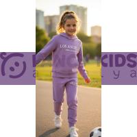 Kız Çocuk Kapüşonlu Eşofman Takımı Lila – Baskılı, %100 Pamuk, Kanguru Cepli, Günlük Spor Takım