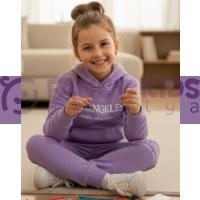 Kız Çocuk Kapüşonlu Eşofman Takımı Lila – Baskılı, %100 Pamuk, Kanguru Cepli, Günlük Spor Takım