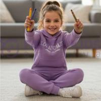 Kız Çocuk Kapüşonlu Eşofman Takımı Lila – Baskılı, %100 Pamuk, Kanguru Cepli, Günlük Spor Takım