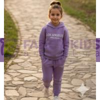 Kız Çocuk Kapüşonlu Eşofman Takımı Lila – Baskılı, %100 Pamuk, Kanguru Cepli, Günlük Spor Takım
