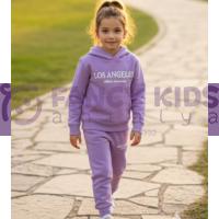 Kız Çocuk Kapüşonlu Eşofman Takımı Lila – Baskılı, %100 Pamuk, Kanguru Cepli, Günlük Spor Takım