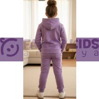 Kız Çocuk Kapüşonlu Eşofman Takımı Lila – Baskılı, %100 Pamuk, Kanguru Cepli, Günlük Spor Takım