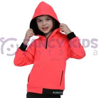 Kız Çocuk Kapüşonlu Neon Pembe SweatShirt Baskılı Siyah Tayt