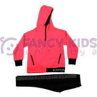 Kız Çocuk Kapüşonlu Neon Pembe SweatShirt Baskılı Siyah Tayt