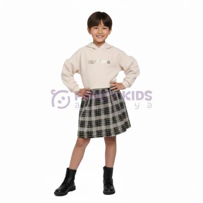Kız Çocuk Kapüşonlu Sweat Shirt Ekose Etekli Bej Elbise
