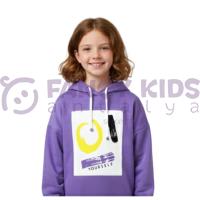 Kız Çocuk Kapüşonlu Sweatshirt – Lila Renk, Dijital Baskılı, Rahat ve Esnek Kumaş