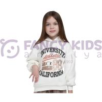 Kız Çocuk Kapüşonlu University Baskılı Kırık Beyaz Sweatshirt – Şardonlu Pamuklu