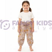 Kız Çocuk Keten Pantolon Bej – İri Puantiyeli, Orijinal Baskılı, Lastikli Bel Tasarım