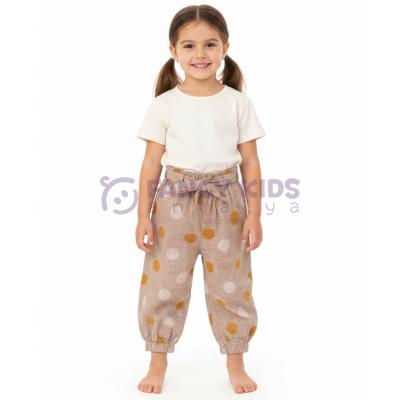 Kız Çocuk Keten Pantolon Bej – İri Puantiyeli, Orijinal Baskılı, Lastikli Bel Tasarım
