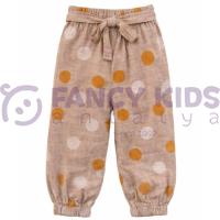 Kız Çocuk Keten Pantolon Bej – İri Puantiyeli, Orijinal Baskılı, Lastikli Bel Tasarım