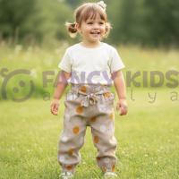 Kız Çocuk Keten Pantolon Bej – İri Puantiyeli, Orijinal Baskılı, Lastikli Bel Tasarım