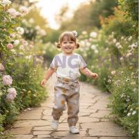 Kız Çocuk Keten Pantolon Bej – İri Puantiyeli, Orijinal Baskılı, Lastikli Bel Tasarım