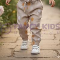 Kız Çocuk Keten Pantolon Bej – İri Puantiyeli, Orijinal Baskılı, Lastikli Bel Tasarım