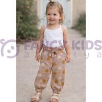 Kız Çocuk Keten Pantolon Bej – İri Puantiyeli, Orijinal Baskılı, Lastikli Bel Tasarım