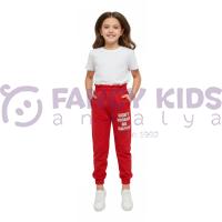 Kız Çocuk Kırmızı Baskılı Alt Eşofman – Lastikli Bel ve Paça, Cepli, Günlük Rahat Kullanım