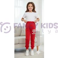 Kız Çocuk Kırmızı Baskılı Alt Eşofman – Lastikli Bel ve Paça, Cepli, Günlük Rahat Kullanım