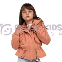 Kız Çocuk Kısa Pudra Kaban Boyunluklu Şardonlu Cepli