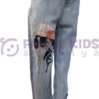 Kız Çocuk Kot Pantolon Jean %100 Pamuk Nakış Baskılı Denim Kumaş