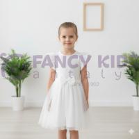 Kız Çocuk Krem Renk Kurdele ve Tül Etek Detaylı Elbise 