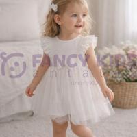 Kız Çocuk Krem Renk Kurdele ve Tül Etek Detaylı Elbise 