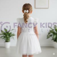 Kız Çocuk Krem Renk Kurdele ve Tül Etek Detaylı Elbise 