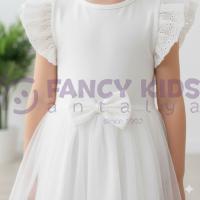 Kız Çocuk Krem Renk Kurdele ve Tül Etek Detaylı Elbise 