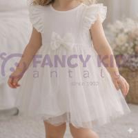 Kız Çocuk Krem Renk Kurdele ve Tül Etek Detaylı Elbise 