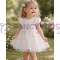 Kız Çocuk Krem Renk Kurdele ve Tül Etek Detaylı Elbise 