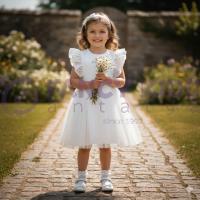 Kız Çocuk Krem Renk Kurdele ve Tül Etek Detaylı Elbise 