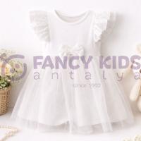 Kız Çocuk Krem Renk Kurdele ve Tül Etek Detaylı Elbise 