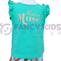 Kız Çocuk Modern Muse Yazılı Yaldızlı Baskılı  T-Shirt Yeşil